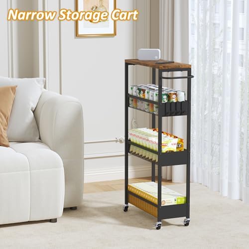 Vincona 7.1" Wide Slim Rolling Utility Cart, 4 Tier Metal Narrow Storage Cart with Handle and Wood Top, Multifunctional Small Mobile Shelf Unit Organizer Trolley for Laundry, Bathroom, Kitchen - Image 6