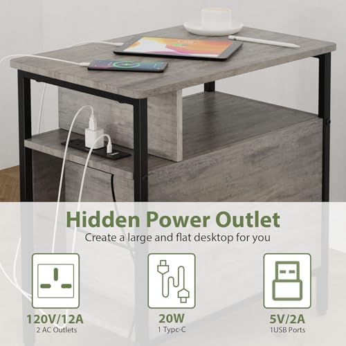 End Table with Charging Station and 2 Fabric Drawers, Greige - Image 4