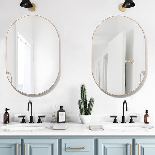 Oval Bathroom Mirror Capsule Wall Vanity Mirror, 2 Pieces 20"x30" Pill Mirrors Wall Mounted Mirror, Large Modern Mirror with Gold Metal Frame, Decor for Entryway, Bedroom, Living Room by NEUWEABY