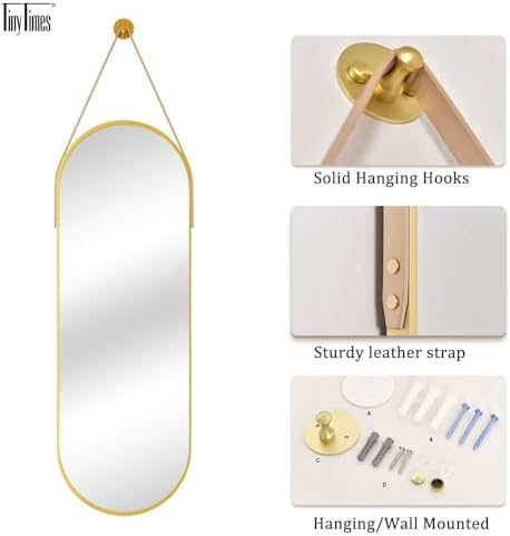 48"x16" Hanging Mirror with Leather Strap,Oval Full Length Mirror with Aluminum Frame Wall-Mounted Hanging Mirrors for Bathroom Vanity Living Room Bedroom Entryway Decor, Gold - Image 6