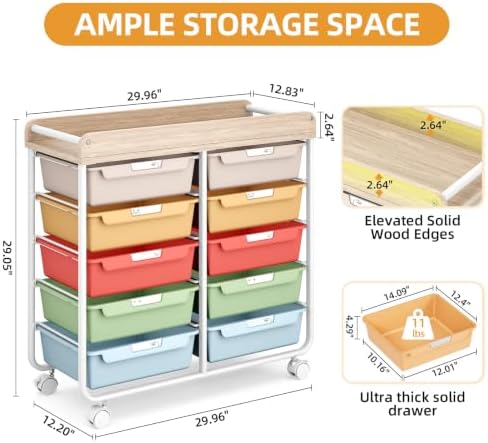 10 Drawer Rolling Storage Cart with Wood Top for Classroom Crafts Colorful - Image 3