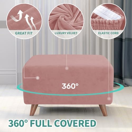 MAXIJIN Velvet Ottoman Cover Rectangular Stretch Square Ottoman Covers Slipcover Rectangle Washable Foot Stool Cover Thick Storage Protector with Elastic Bottom (Ottoman Small, Dusty Pink) - Image 4