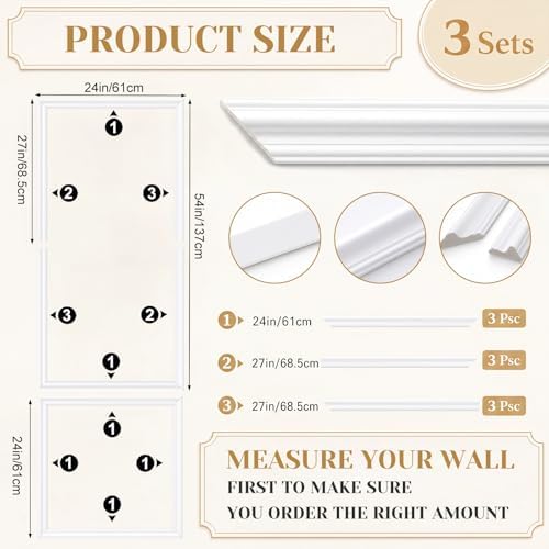 Colingmill 3 Sets Pre-Cut Wall Peel and Stick Trim Molding Wall Wainscoting Panels 3D Self Adhesive Baseboard Molding Trim for Interior Decoration Living Room Bedroom Accent (54 x 24 x 1.57 in,White) - Image 3