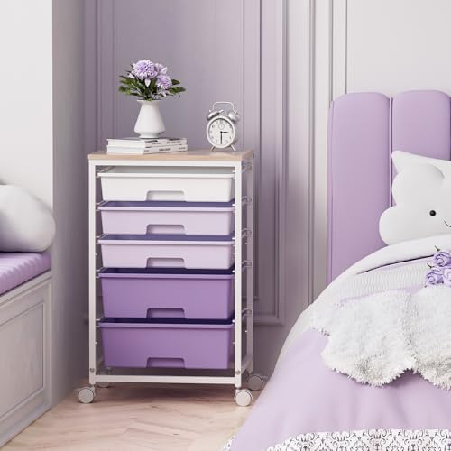 SYKIARIOL Utility Cart with 5 Drawers with Wooden Top,Purple - Image 2