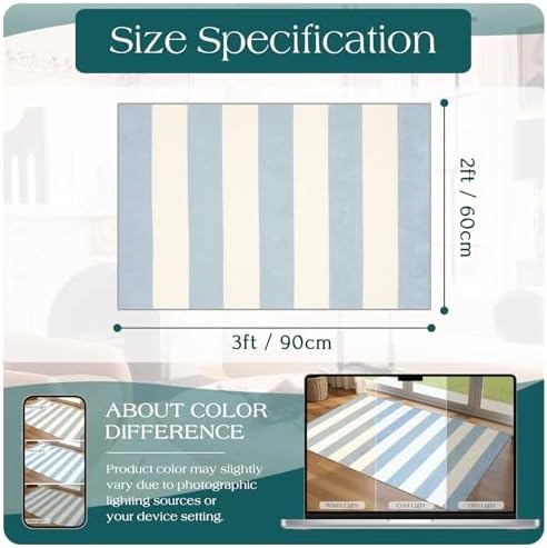 Front Door Mat Indoor Outside Entrance, 2x3 Blue White Striped Rug - Image 2