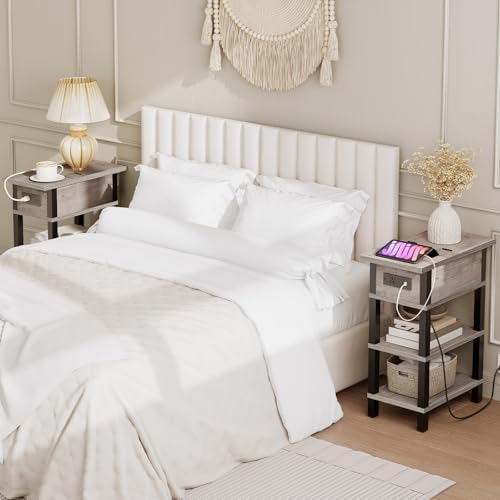 HOOBRO End Table with Charging Station, Flip Top Side Table with USB Ports, Narrow Nightstand Bedside Tables with Storage Shelves, for Small Space, Living Room,Greige and Black BG141UBZ01 - Image 5