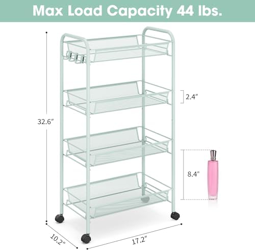 TOOLF 4 Tier Rolling Cart, Metal Utility Storage Cart with Wheels, Green | 3 Hooks, Screwless Assembly, Trolley Organizer for Bathroom, Kitchen, Office, Nursery, Dorm, Laundry Room - Image 6
