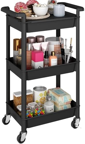 Steehoom 3-Tier Utility Rolling Cart with Cover Top Board, Mobile Utility Cart with Lockable Casters Multi-Functional Storage Trolley for Office, Bathroom, Kitchen, Garden, Laundry Room (Black) by Steehoom