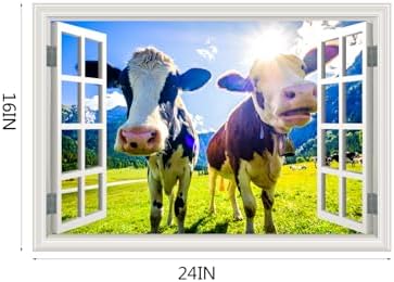 Fake Window Wall Decal - Funny Peeking Farm Cow Grassland Scene Art Sticker | ｜Faux Window Natural Scenery Landscape Mural ｜ Stick and Peel Wall Decals｜for Room Bedroom Office Scene Picture Decor｜24"x16" - Image 3