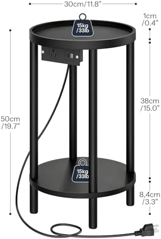 HOOBRO Small Round Side Table with Charging Station, 2-Tier Round Bamboo End Table, Compact Sofa Bedside Table for Small Space, Easy Assembly, for Living Room, Bedroom, Apartment, Black BB156UBZ01 - Image 3