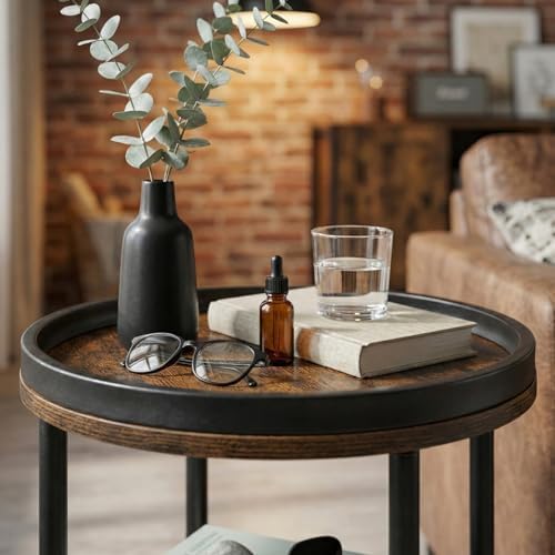 Small Round Side Table with Tray Top, Rustic Brown - Image 2