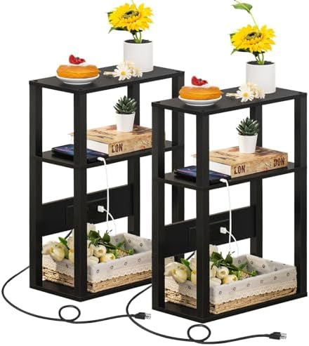 YUFAM 3-Tier Narrow Bedside Table Set 2 for Small Spaces, Skinny Nightstand by YUFAM
