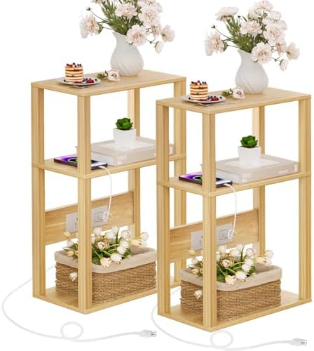 YUFAM 3-Tier Narrow Bedside Table Set 2 for Small Spaces, Skinny Nightstand by YUFAM