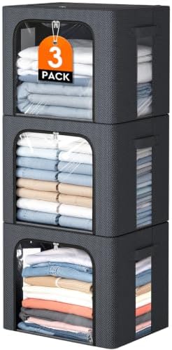 3 Pack Clothes Storage Bins with Metal Frame,40L Storage Bags Fabric Box Organizer with Clear Window,Zippers,Sturdy Handles(3 Pcs,Light Grey,40L) by EpicTotes