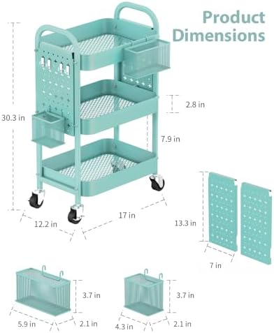 ALVOROG 3 Tier Metal Rolling Utility Cart with Pegboards,Baskets,Hooks,Blue - Image 5
