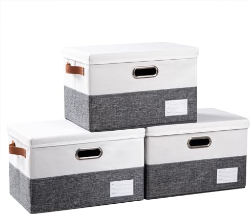 PRANDOM Foldable Storage Bins with Lids [3-Pack] Fabric Collapsible Storage Boxes Baskets Cubes Containers with Handles for Closet Living Room Bedroom (Grey & White 14.9x9.8x9.8'') by Prandom