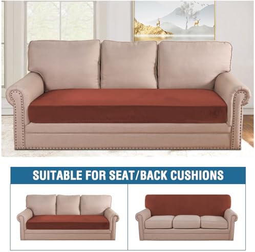 H.VERSAILTEX Velvet Stretch Individual Couch Cushion Cover Plush Cushion Slipcover for Loveseat Sofa Cushion Furniture Protector Seat Cushion Sofa Cover (1 Piece Sofa Cushion Cover, Rust) - Image 3