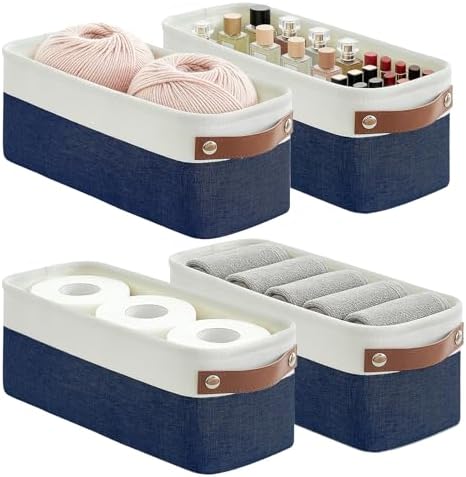 Bagnizer Small Fabric Storage Baskets, 15x6x5 inch Narrow Storage Bins 4-Pack Long Storage Basket for Organizing with Handles, Decorative Basket for Closets, Shelves, Toilet Paper, Navyblue by Bagnizer