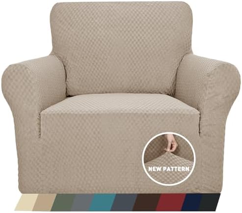 ZNSAYOTX 1 Piece Jacquard Chair Slipcovers for Living Room High Stretch Chair Covers with Arms Anti Slip Pets Friendly Couch Sofa Armchair Cover Furniture Protector (Chair, Khaki) by ZNSAYOTX