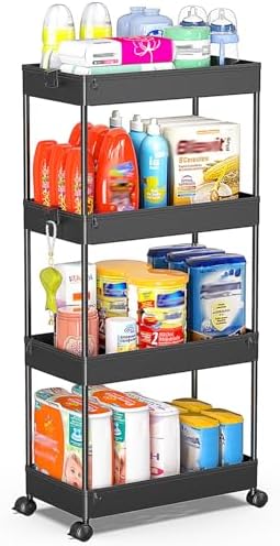 SPACEKEEPER Storage Cart 4-Tier, Bathroom Rolling Cart Utility Storage Organizer Shelf Mobile Shelving Unit for Kitchen Living Room Bathroom Laundry Room & Dressers, Black by SPACEKEEPER
