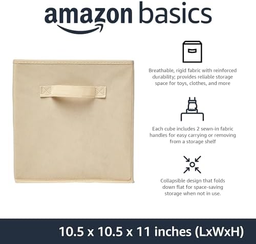 Amazon Basics Collapsible Fabric Storage Cubes Organizer with Handles, Sturdy Storage Bins for Organization, 10.5" x 10.5" x 11", Beige, 6-Pack - Image 2