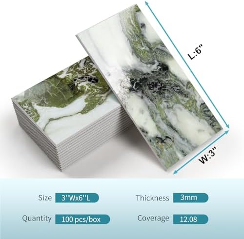 Vamos Tile 100-Piece Glossy Ice Green Peel and Stick Backsplash Tile,3''x6'' PVC Subway Tile with White Grout,Stick on Backsplash for Kitchen/Bathroom/Fireplace - Image 2