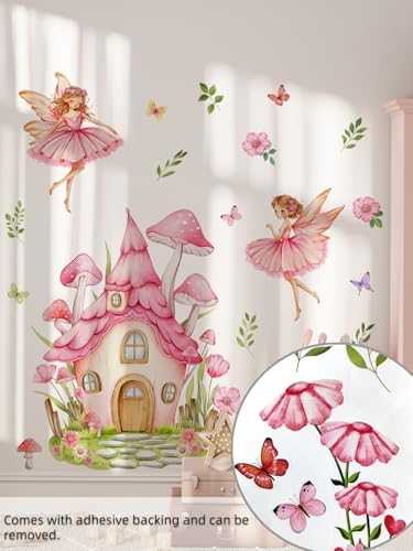 Pink Fairy Mushroom Wall Stickers Decal - Cottage Butterfly Flower Peel & Stick Removable Art Decoration Wall Decor for Girls Bedroom Kids Room Nursery Playroom,100 cm x120 cm - Image 3