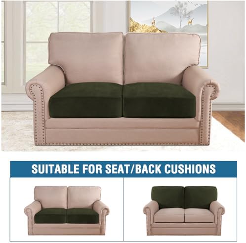 H.VERSAILTEX Velvet Stretch Couch Cushion Cover Plush Cushion Slipcover for Chair Loveseat Sofa Cushion Furniture Protector Seat Cushion Sofa Cover (2 Piece Medium Sofa Cushion Covers, Olive) - Image 3