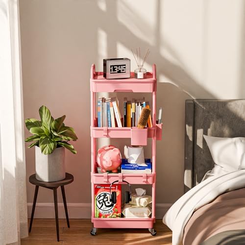 Sorgion 4 Tier Rolling Cart Organizer,Art Craft Diaper Bedside Snack Laundry Room Bathroom Organizer Narrow Thin Slim Rolling Trolley Utility Cart with Wheels for Kitchen,Office(Pink) - Image 2