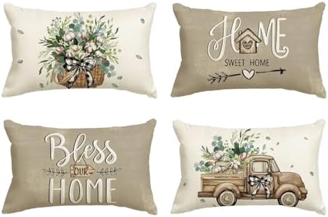 AVOIN Colorlife Bless Our Home Farmhouse Eucalyptus Leaves Throw Pillow Covers, 12 x 20 Inch Truck Sweet Home Cushion Case Decorations Set of 4 by AVOINcolorlife
