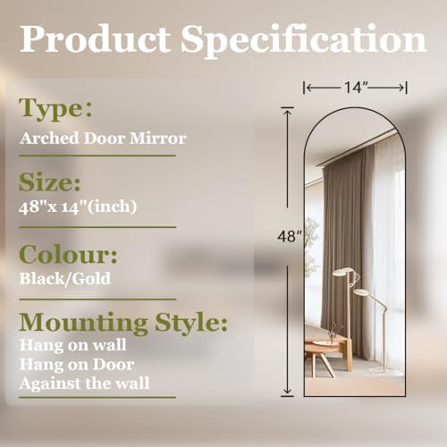 BEAUTYPEAK Arched Full Length Over The Door Mirror 14" x 48", Black - Image 6