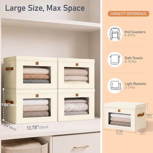 DIMJ Storage Bins with Lids - 6 Pack Front Opening Stackable Fabric Storage Boxes with Clear Window & Handles, Collapsible Closet Organizers for Clothes, Sweaters, Shelf Storage, Bedroom, Beige - Image 6