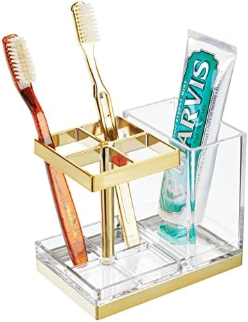 mDesign Plastic Toothbrush and Toothpaste Storage Organizer Holder - Home Decor for Bathroom Countertop - Holds Toiletries and Beauty Accessories - Lumiere Collection - Clear/Soft Brass by mDesign