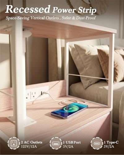 Faesun Swivel Lift Top Nightstand with Charging Station, Rolling Side Table for Recliner, Bedside Table with Wheels & a Fabric Drawer, for Small Spaces, for Bedroom, Living Room, Pink - Image 6
