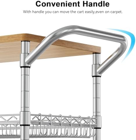 WDT 3 Tier Rolling Kitchen Carts with Wheels, Heavy Duty Rolling Utility Cart with Wood Tabletop, Commercial Grade Metal Cart with Handle and Hooks, NSF Storage Serving Island Carts, Light Wood+Metal - Image 6