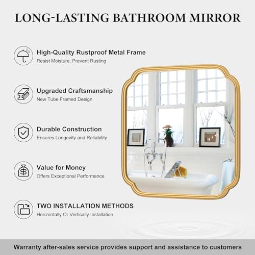 Ferytange Gold Bathroom Mirror for Wall 24" x 24" Modern Rounded Corner Square Mirror with Non-Rusting Iron Metal Framed Bathroom Vanity Mirror for Over Sink Wall Decor Horizontal/Vertical - Image 5