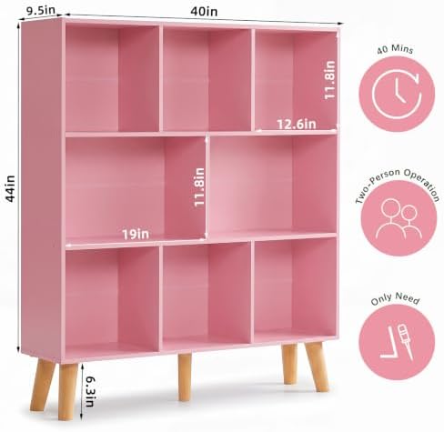 YAHARBO 8 Cube Bookshelf,3 Tier Bookcase with Legs,Light Pink Mid-Century Modern Bookshelves,Large Free Standing Open Storage Organizer Shelf,Tall Wooden Book Case Furniture for Bedroom,Living Room - Image 2