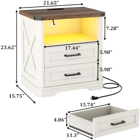 Yusong 23.62" Tall Night Stand, LED Nightstand with Charging Station, Modern Night Stand, Wood Sofa Couch End Side Table with 2 Pull-Out Shelf, White - Image 2