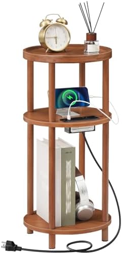 HOOBRO Small Round Side Table with Charging Station, 3-Tier Round Bamboo End Table, Compact Sofa Bedside Table for Small Space, Easy Assembly, for Living Room, Bedroom, Apartment, Walnut WL152UBZ01 by HOOBRO