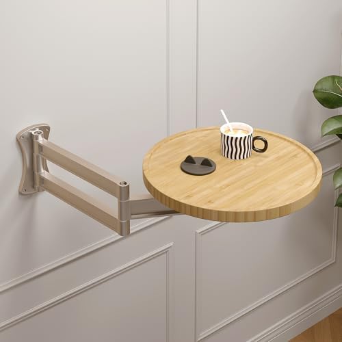 Wall Mounted Folding Table,Retractable Small Bamboo Drop Down Floating Wall Desk,11.8" Round Wood Tabletop with Aluminum Alloy Brackets,Bedside Wall Shelf Drop Top Desk,Fold Down Nightstand by Home