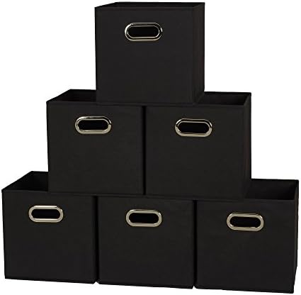 Household Essentials Foldable Fabric Storage Bins 6 Piece Set, Strong Poly-Woven Fabric, Sturdy Chipboard Sides, Grommet Front Handle, Stackable, Classic Design, Black by HouseholdEssentials