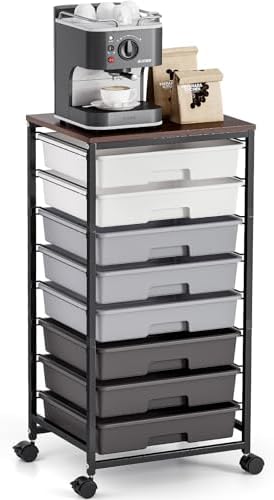 Rolling Storage Cart with 8 Drawers, Utility Cart on Wheels with Wooden Tabletop, Utility Cart for Teacher Storage, Office Organizer, Classroom Storage Cart, Craft Storage, Grey by TOOLF