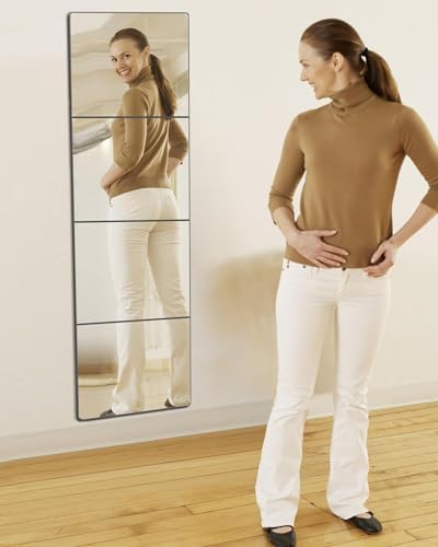 quegau Full Length Wall Mirror Tiles, Made of Shatterproof Plexiglass Acrylic (XL-Large 16"x 16"x 4 Pcs); Non Glass Safety Mirror Great for Baby Kids Playroom, Bedroom, Door, Home Gym by quegau