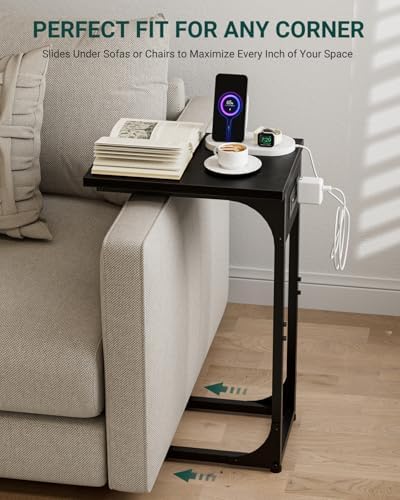 C-Shaped Side Table for Couch - Small Coffee Stand Sofa Tray Desk with Metal Frame Waterproof Scratch Resistant Wood Top and Built-in Charging Station, Black - Image 5