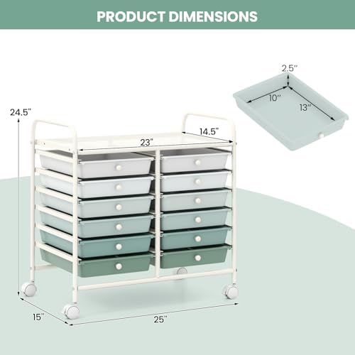 Giantex 12 Drawers Rolling Cart, Mobile Storage Drawer Cart, Classroom Organizer Cart for Office School Supplies Tools Scrapbook Paper Craft Small Printer, Utility Cart on Wheels, Green Gradient - Image 3