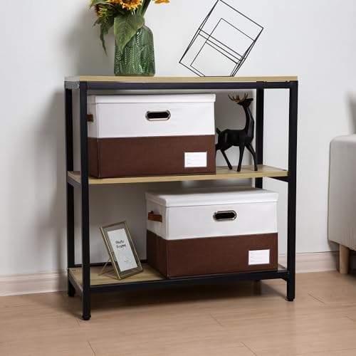 PRANDOM Foldable Storage Bins with Lids [3-Pack] Fabric Collapsible Storage Boxes Baskets Cubes Containers with Handles for Closet Living Room Bedroom (Brown & White 17.7x11.8x11.8'') - Image 3