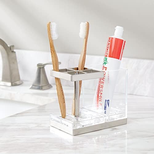 mDesign Plastic Toothbrush and Toothpaste Storage Organizer Holder - Home Decor for Bathroom Countertop - Holds Toiletries and Beauty Accessories - Lumiere Collection - Clear/Brushed - Image 3