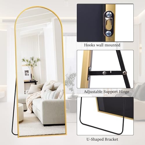 Rowjut Full Length Mirror Arched Floor Length Mirrors, 71"x26" Large Full Body & with Stand&Arch Wall Mounted &Standing Mirror for Bedroom Living Room, Aluminum Frame, Gold - Image 5