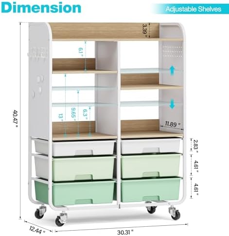 APEXCHASER 6 Drawers Rolling Storage Cabinet with Wood Top& Pegboards Green - Image 3