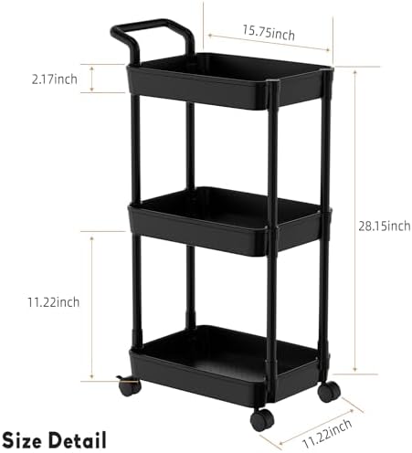 Volnamal Diaper Caddy, 3 Tier Rolling Cart for Baby Essentials, Black - Image 2